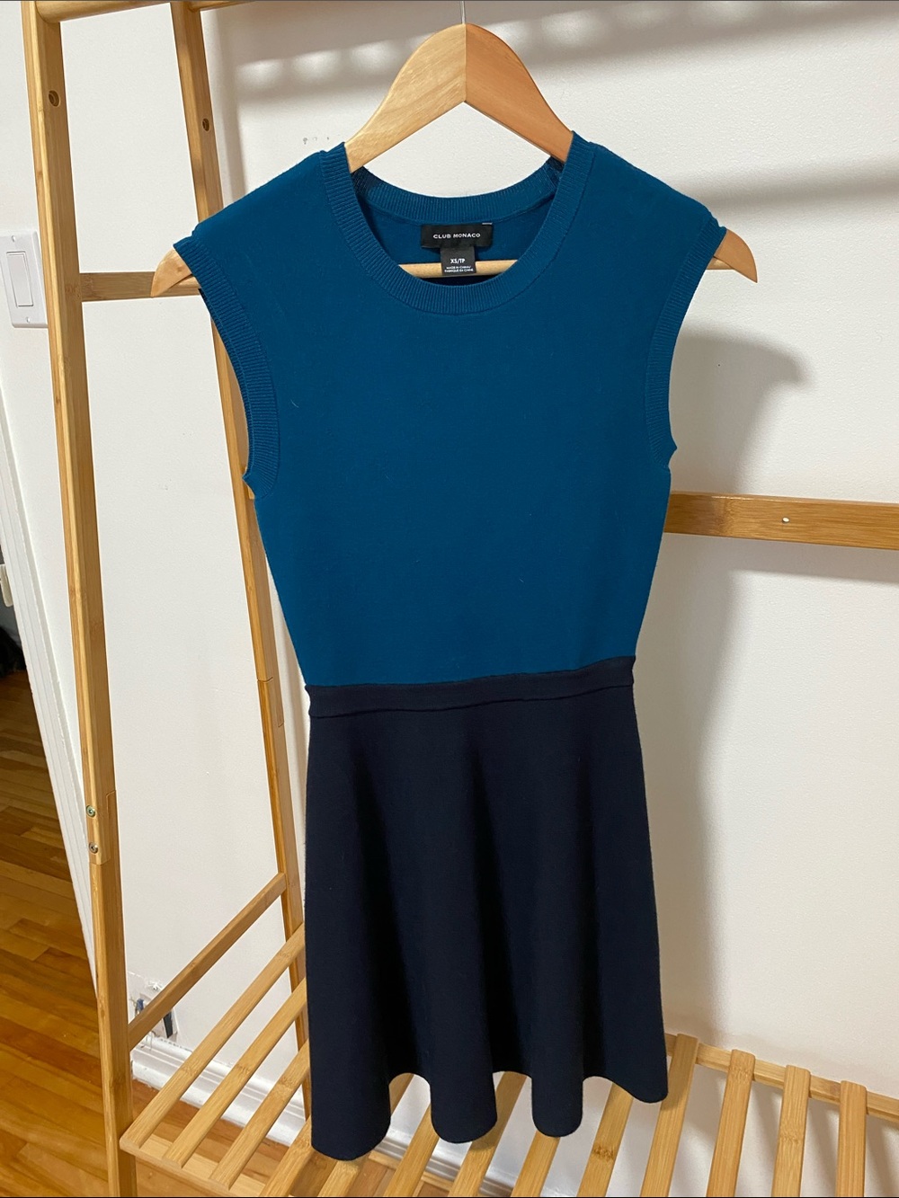 Club Monaco Teal Sleeveless Knit Fit-and-Flare Dress with Black Skirt
